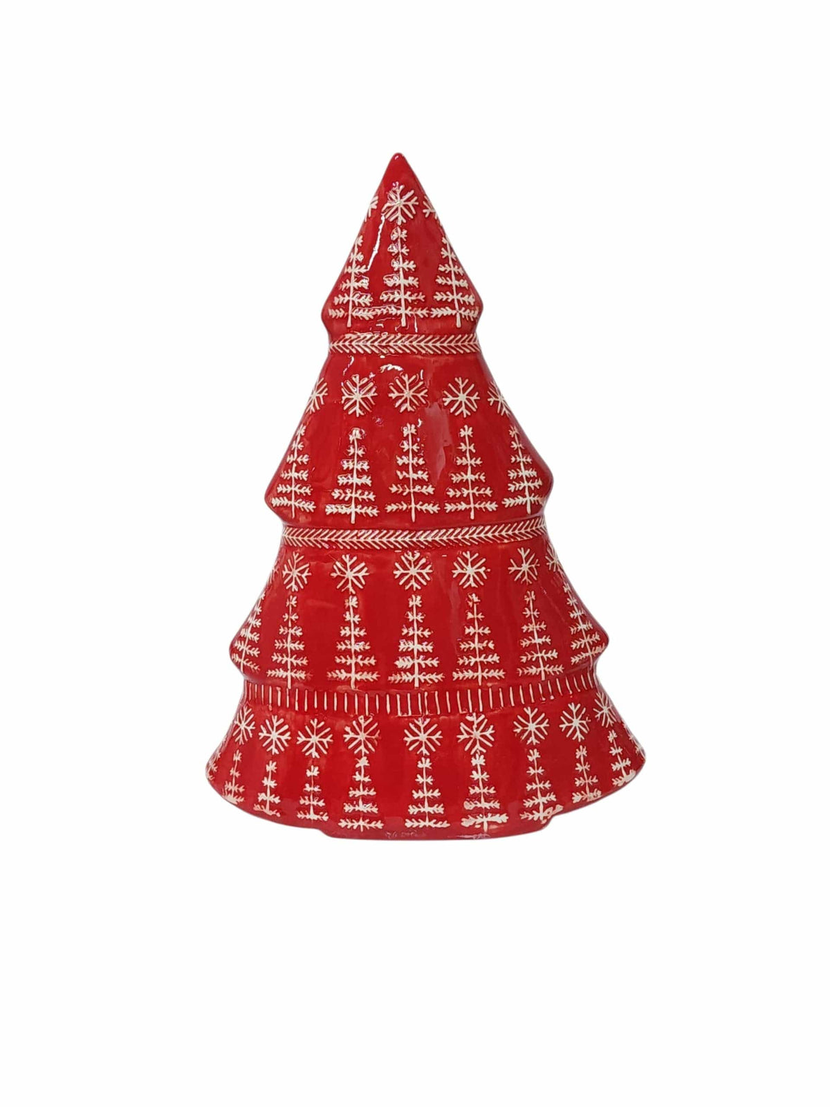 Red ceramic Christmas tree figurine with white embossed snowflake and tree pattern, front view