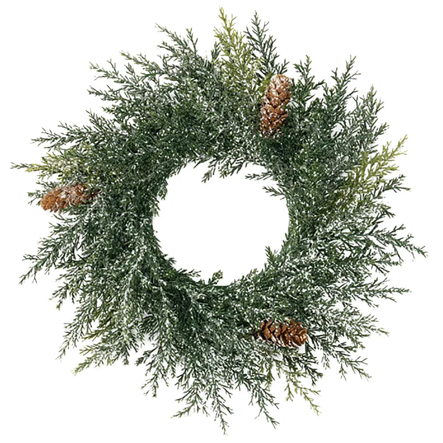 Frosted artificial arborvitae wreath ring with pinecones, green branches, white frost