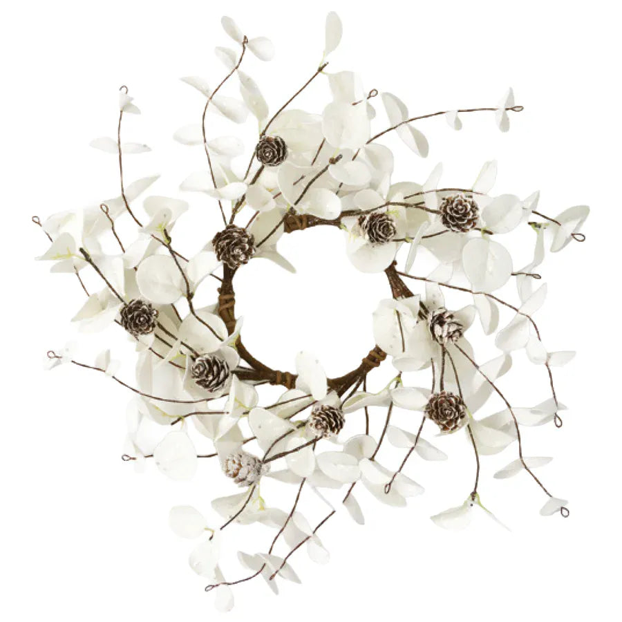 White eucalyptus leaf and frosted pinecone candle ring wreath 4.5 inch