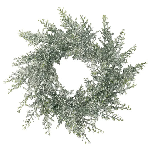 Frosted green cedar wreath ring with white berry accents, 6.5 inch diameter