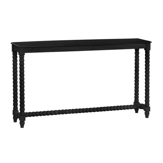 Black console table with spool-turned legs and lower stretcher bar, 55 inches wide