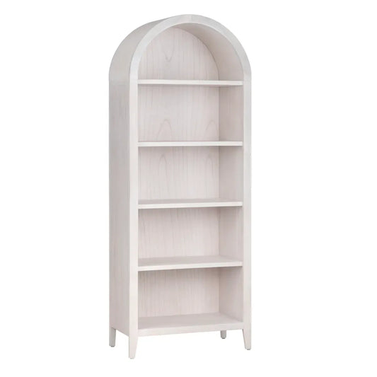 Tall arched white-washed wood etagere bookcase with four open shelves and tapered legs