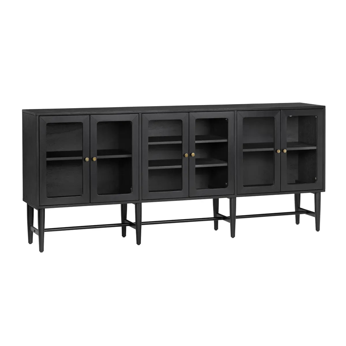 Black sideboard with six glass-panel doors, brass knobs, and tapered legs