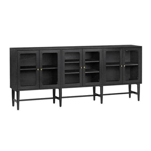 Black sideboard with six glass-panel doors, brass knobs, and tapered legs