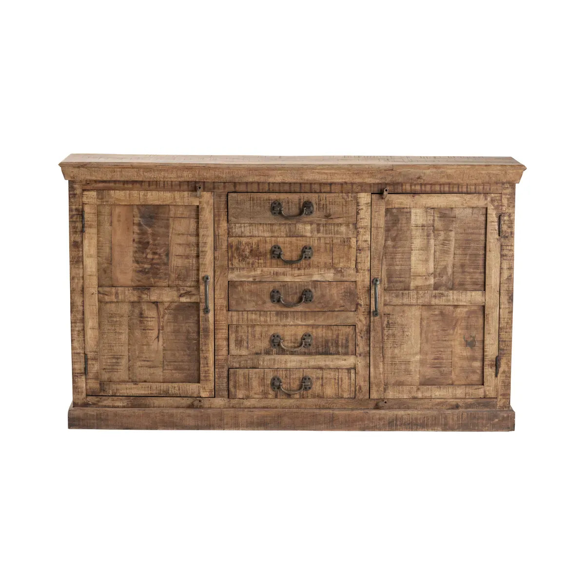 Rustic mango wood sideboard with five center drawers and two cabinet doors