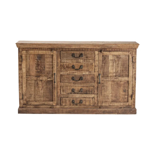 Rustic mango wood sideboard with five center drawers and two cabinet doors