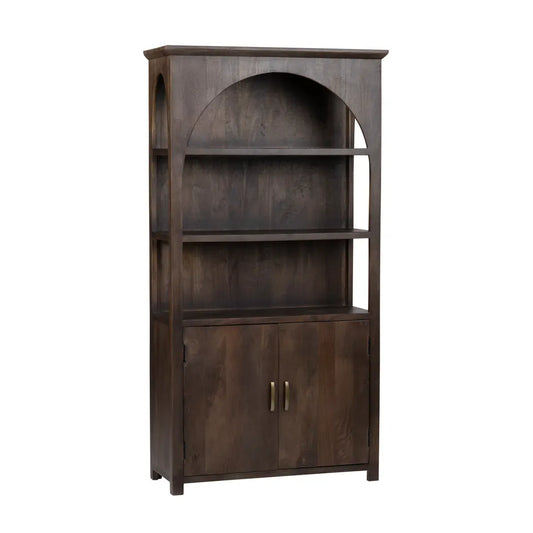 Dark brown mango wood bookcase with arched detail, open shelves, and two-door cabinet base