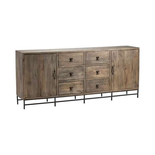 Large rustic mango wood sideboard with 6 drawers, 2 doors, and black iron base