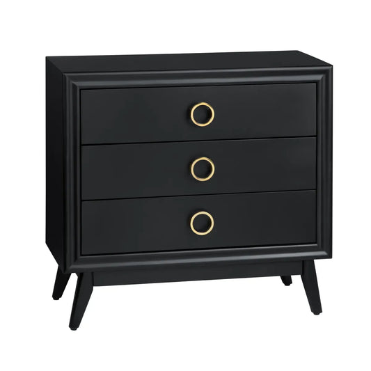 Matte black 3-drawer chest with angled legs and gold ring pulls