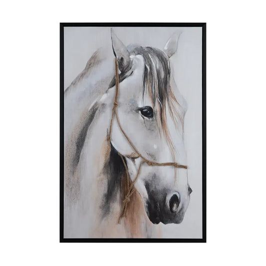 Framed hand-painted white horse portrait with rope bridle in gray and brown tones