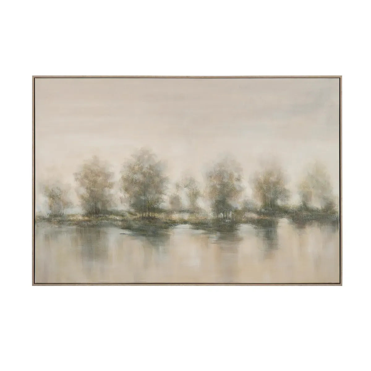 Framed canvas landscape painting of misty trees reflected in calm water, neutral tones