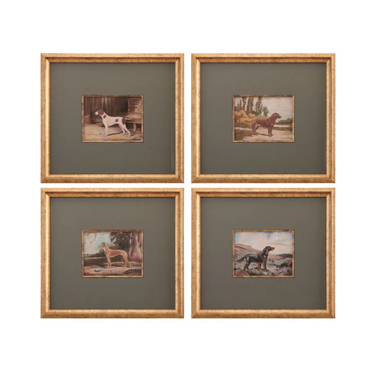 Set of four gold-framed dog breed paintings with olive green mats on white background