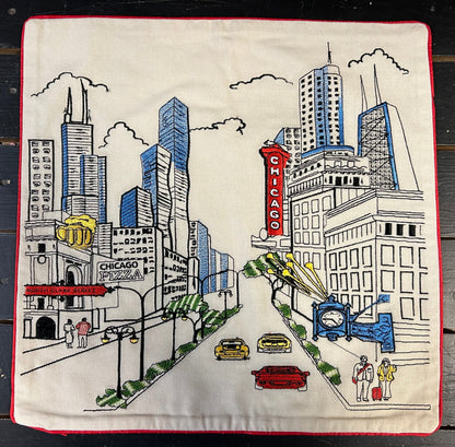 Chicago City Square Pillow - Embroidered City Artistry - 2 Designs
