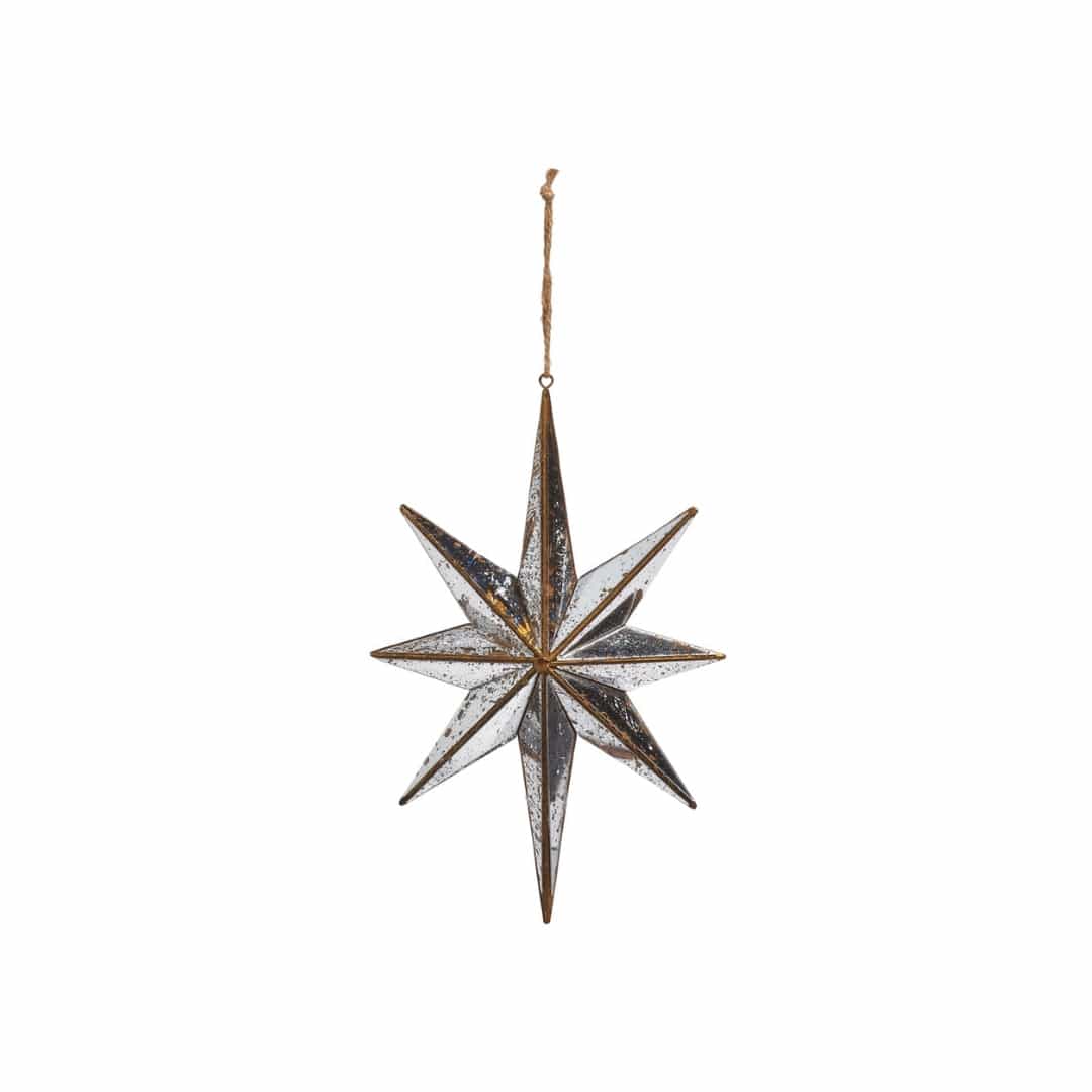 Eight-pointed 3D mirrored star ornament with gold metal trim, hanging from jute twine
