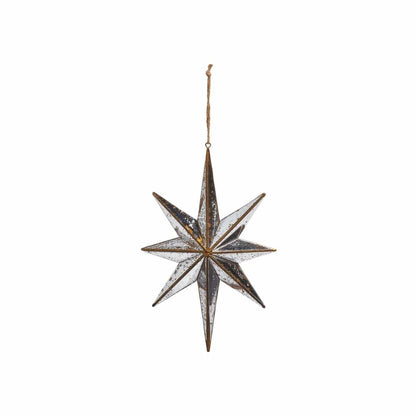 Eight-pointed 3D mirrored star ornament with gold metal trim, hanging from jute twine