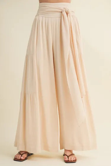 Smocked Tie-Waist Tiered Palazzo Pant