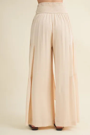 Smocked Tie-Waist Tiered Palazzo Pant