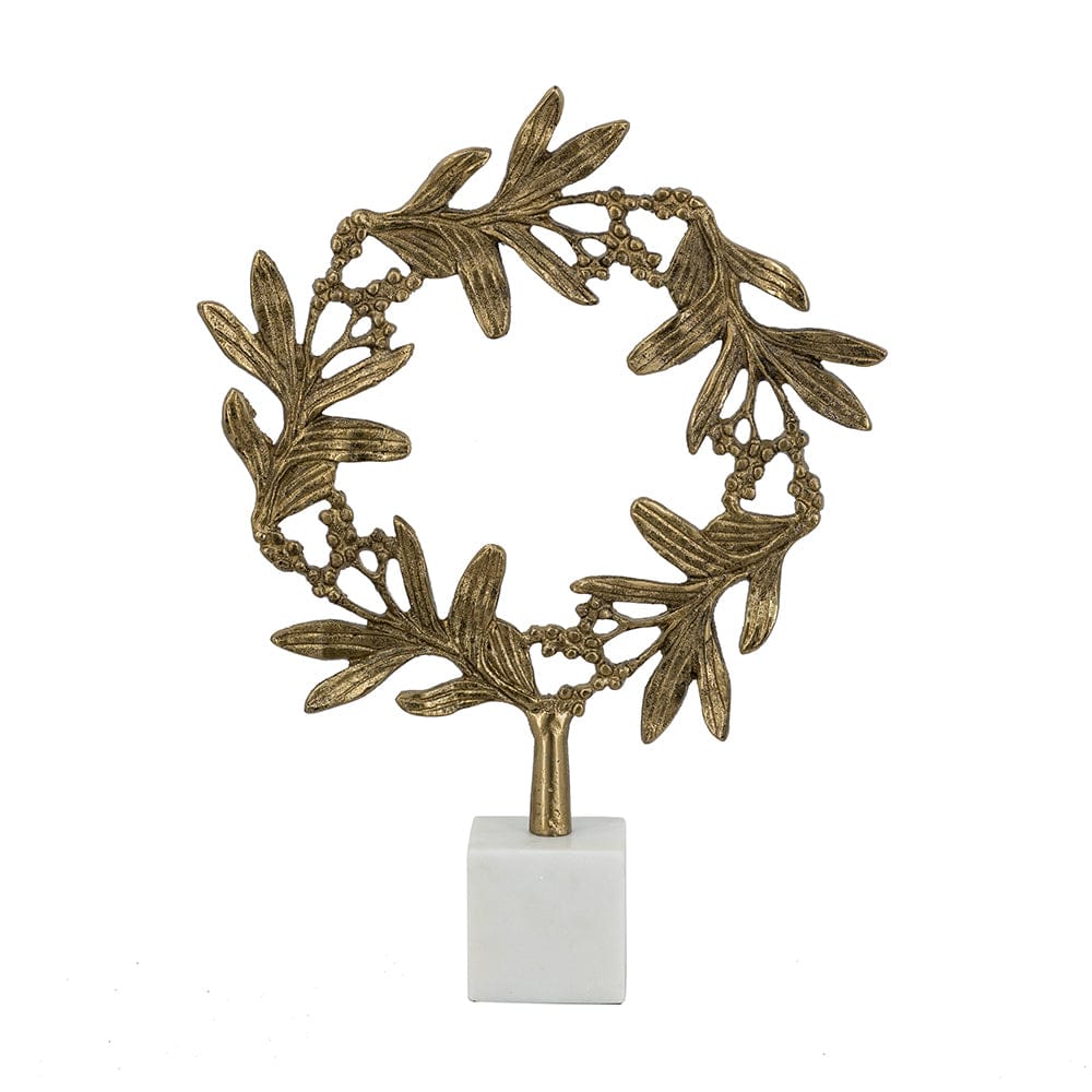 12x3x16.5" Gold Aluminum Wreath Sculpture On White Marble Base