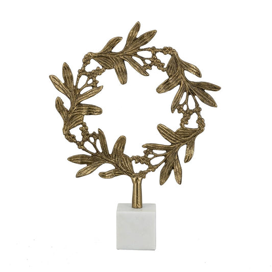 12x3x16.5" Gold Aluminum Wreath Sculpture On White Marble Base