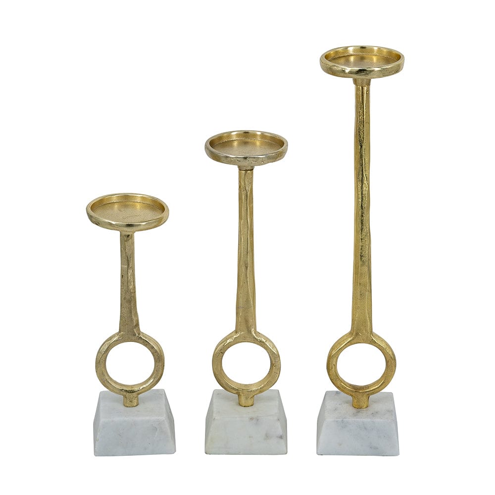 Gold Metal Pillar Holders with White Marble Base and Open Ring Accent