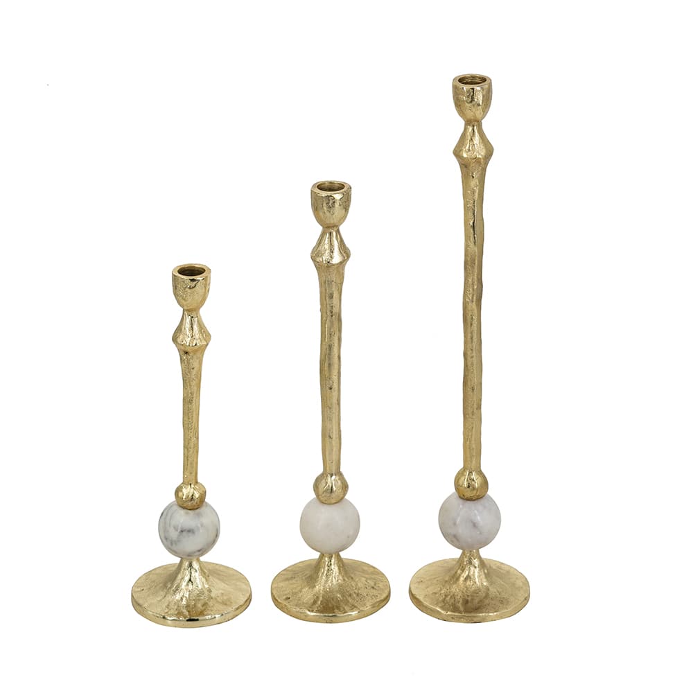 Gold Aluminum Taper Candle Holders with Round White Marble Accents