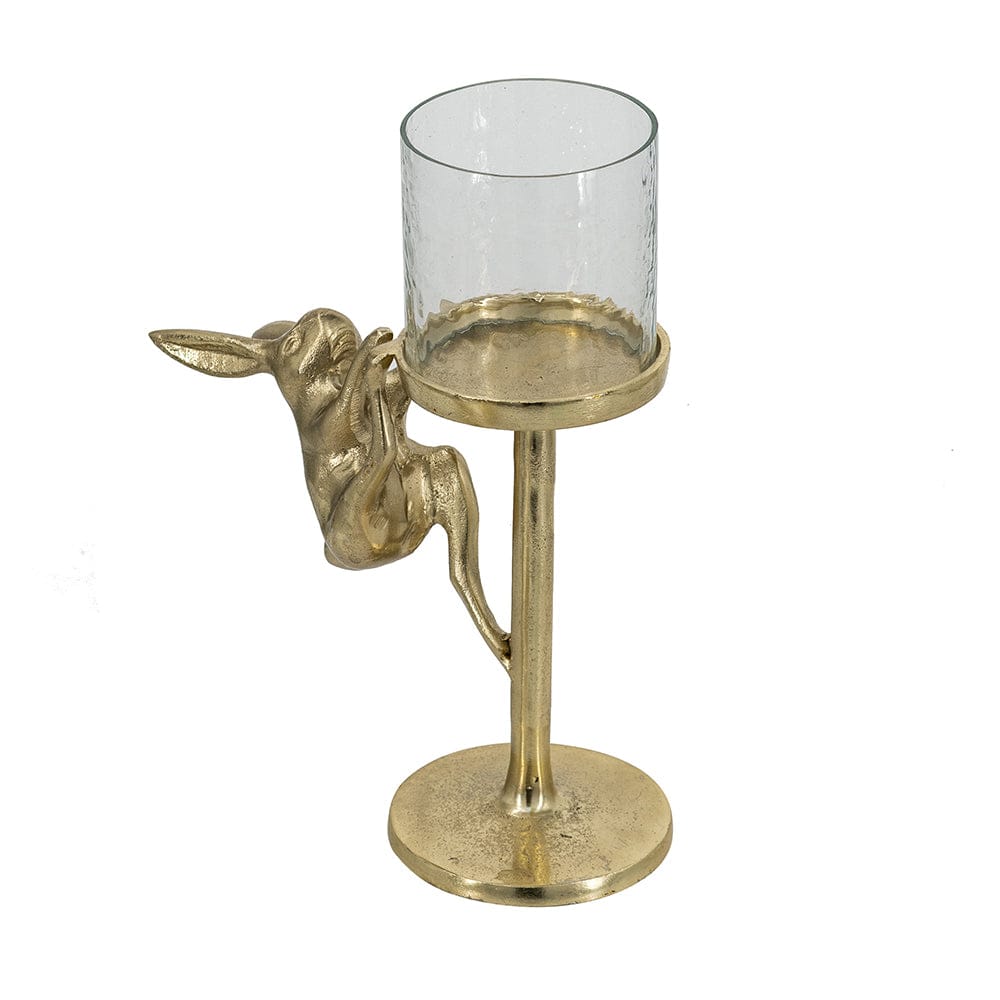 8x4x11" Gold Rabbit Pillar Candle Holder with Clear Glass Hurricane Shade