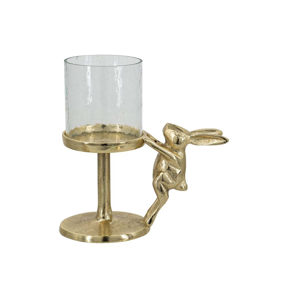 7x4x7.5" Gold Rabbit Pillar Candle Holder with Clear Glass Hurricane Shade