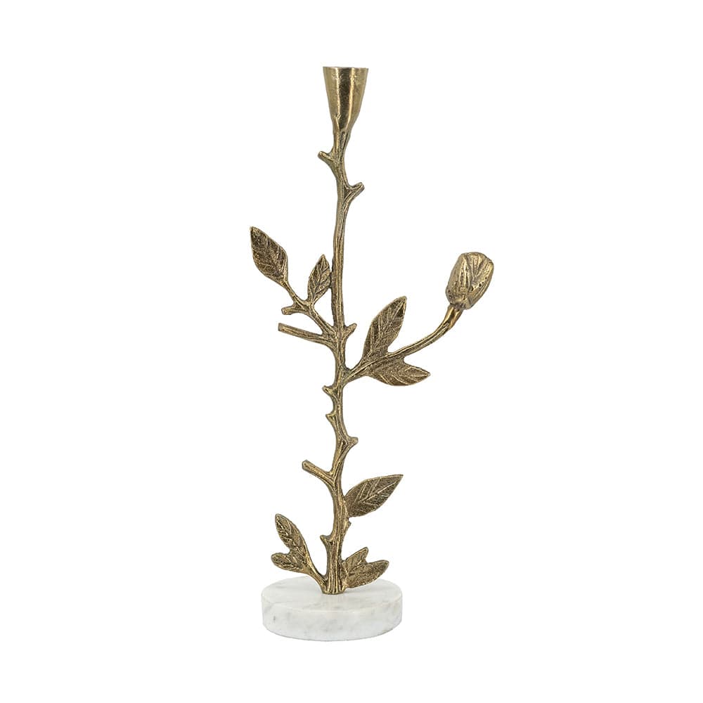 6.5x4x16" Gold Metal Branch Taper Holder with Intricate Leaf Design and White Marble Stand
