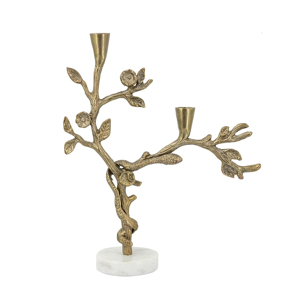 12.5x4x15" Gold Multi-Taper Holder with Intricate Branch Design and White Marble Stand