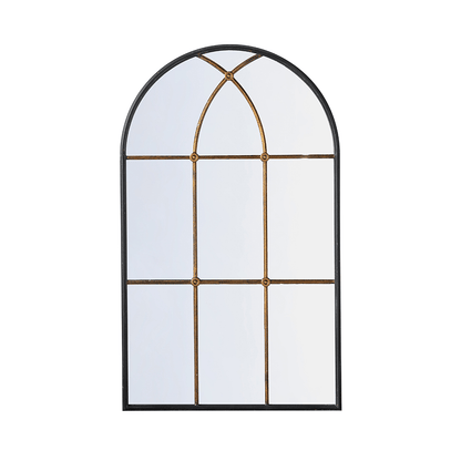 Arched Iron and Black Mirror with Windowpane Design