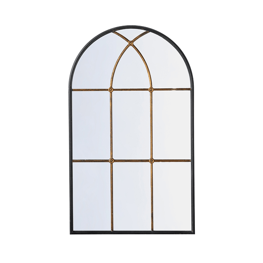 Arched Iron and Black Mirror with Windowpane Design