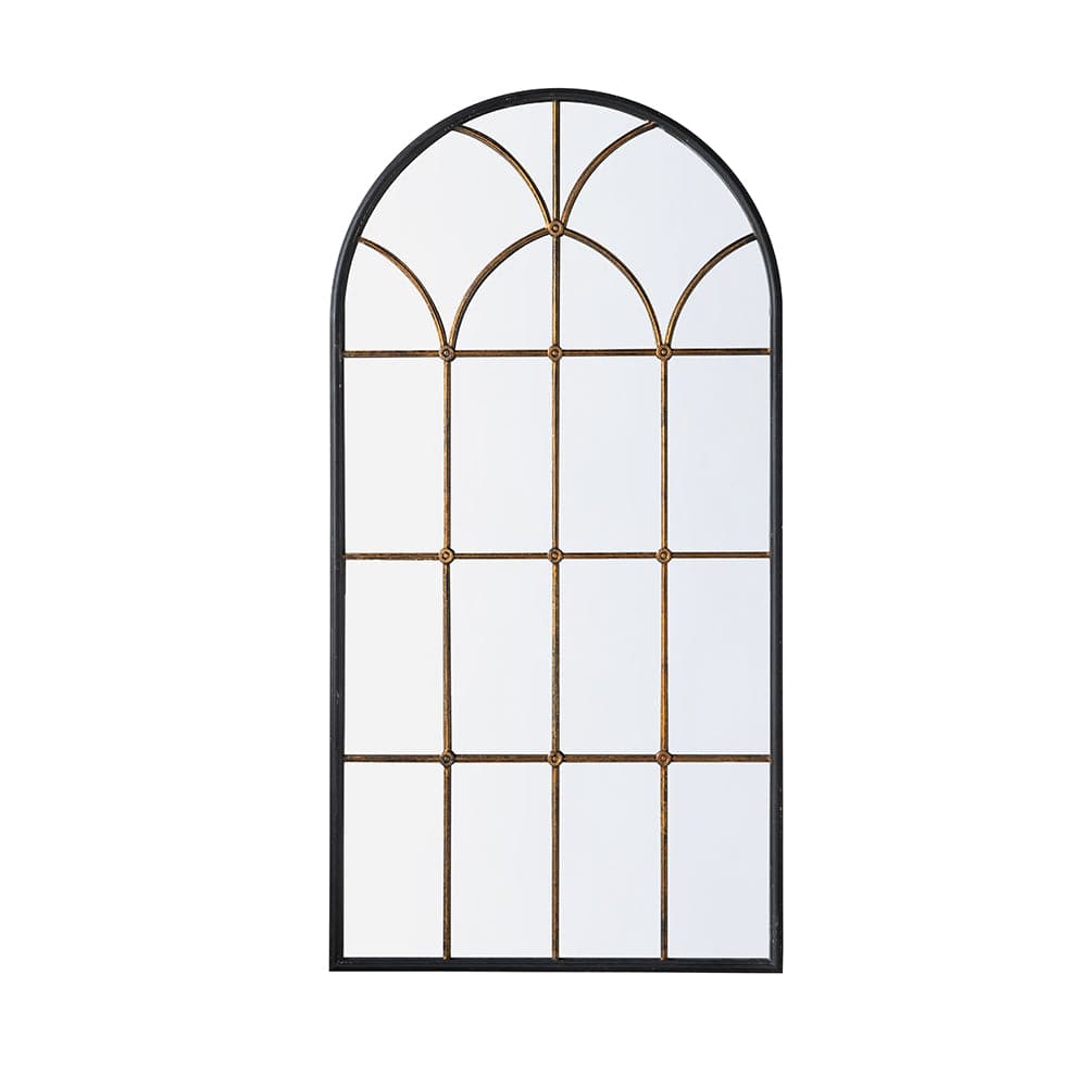 34x65.5 inch arched full-length mirror with black frame and gold windowpane grid design