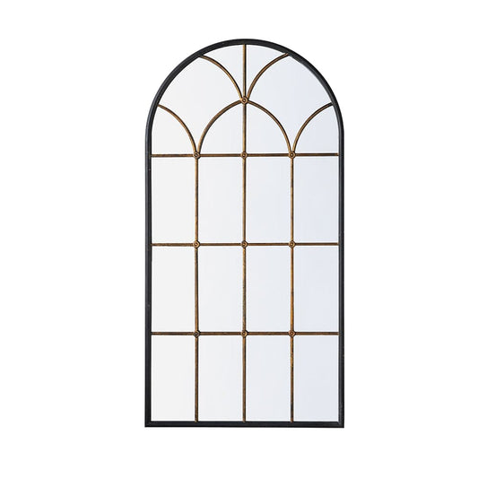 34x65.5 inch arched full-length mirror with black frame and gold windowpane grid design
