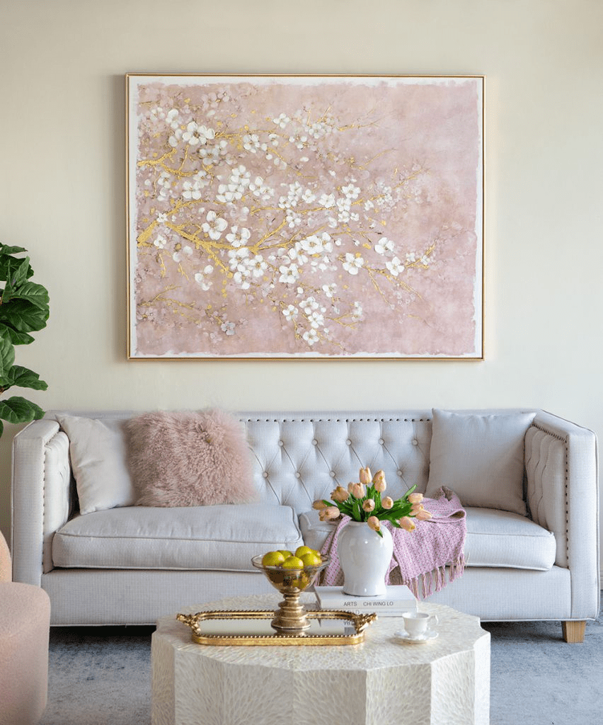 Hand-Painted Cherry Blossom Canvas Art with Blush Pink and White Finish