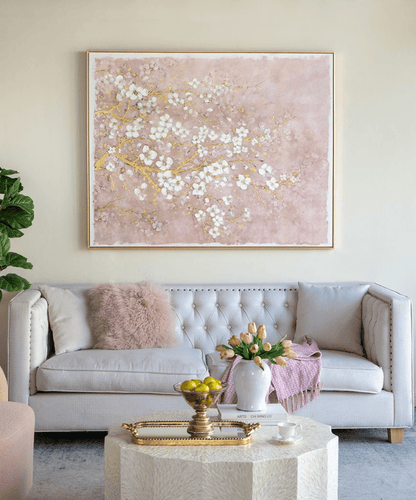 Hand-Painted Cherry Blossom Canvas Art with Blush Pink and White Finish