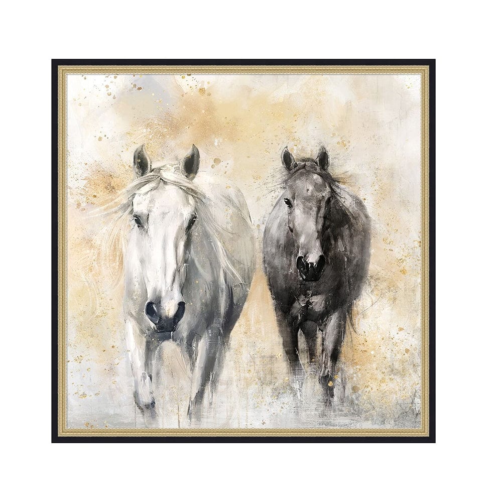 39.5x39.5" Realistic Hand-Painted White and Black Horse Canvas Art with Beige Backdrop
