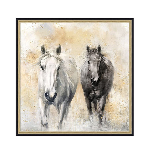 39.5x39.5" Realistic Hand-Painted White and Black Horse Canvas Art with Beige Backdrop