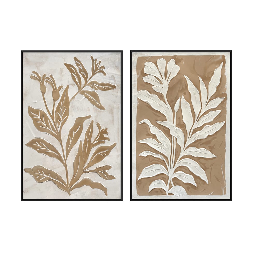 Brown and White Minimalist Leaf Painting with Black Frame