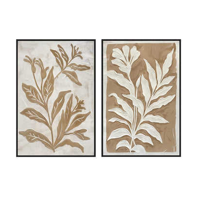 Brown and White Minimalist Leaf Painting with Black Frame
