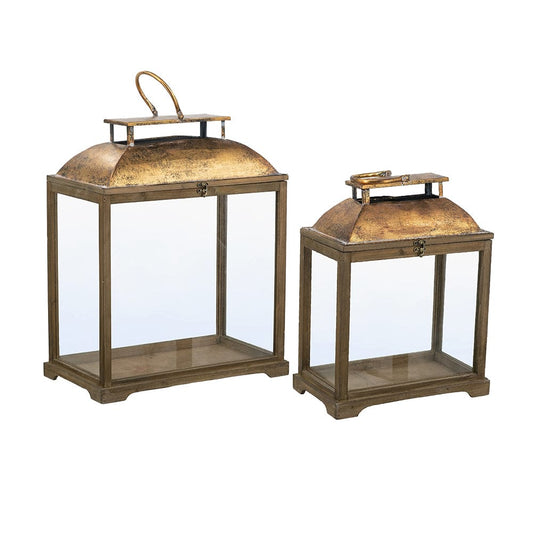 Brown Wooden Lanterns with Clear Glass Panels and Gold Metal Dome Accents