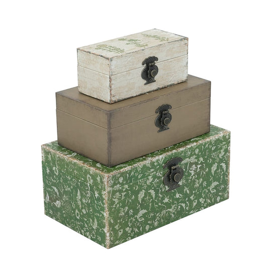 Decorative Boxes with Textured White, Brown, and Green Finishes