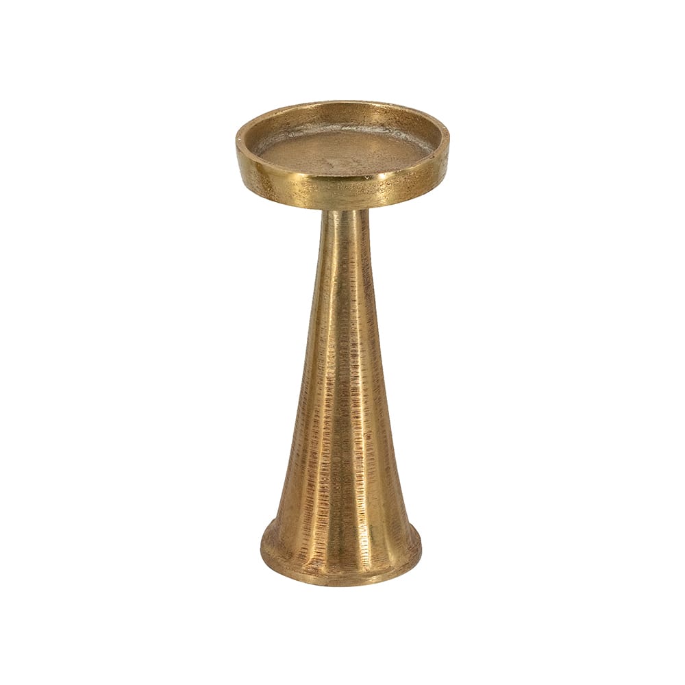 Gold aluminum pillar candle holder with tapered cone base and round dish top