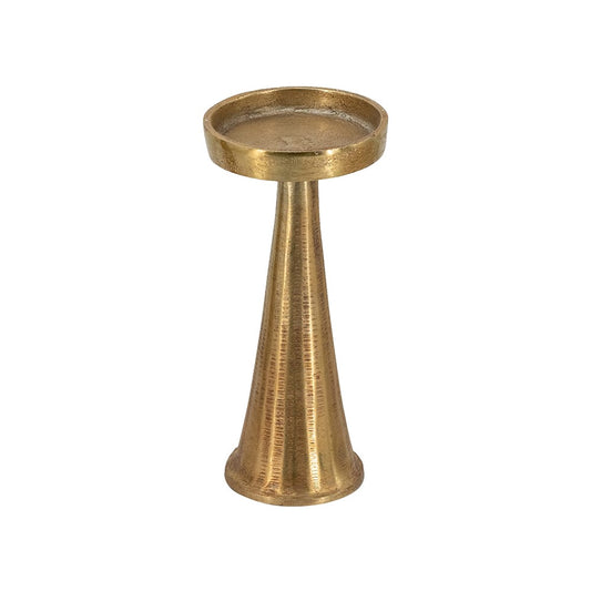 Gold aluminum pillar candle holder with tapered cone base and round dish top