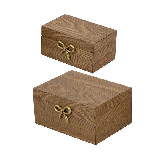 Decorative Wooden Storage Boxes with Ash Veneer Finish and Gold Bow Handles