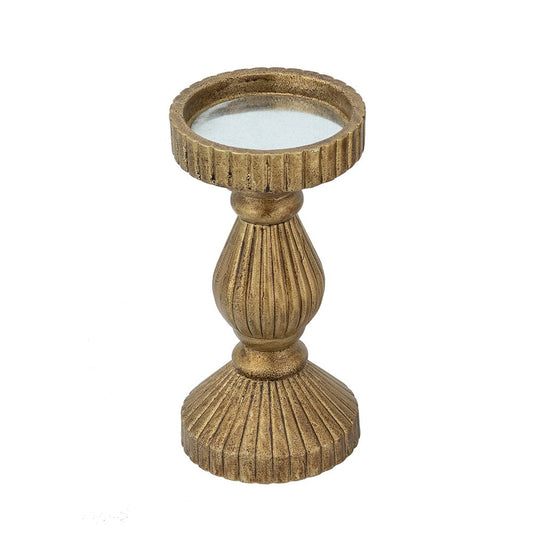 D3.5x8" Ornate Wooden Candle Holder With Antique Gold Finish