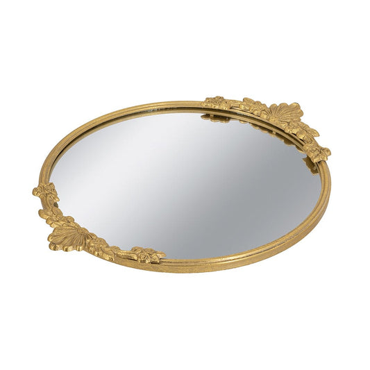 19x16x1" Round Mirror Tray with Gold Iron Frame and Intricate Floral Accents