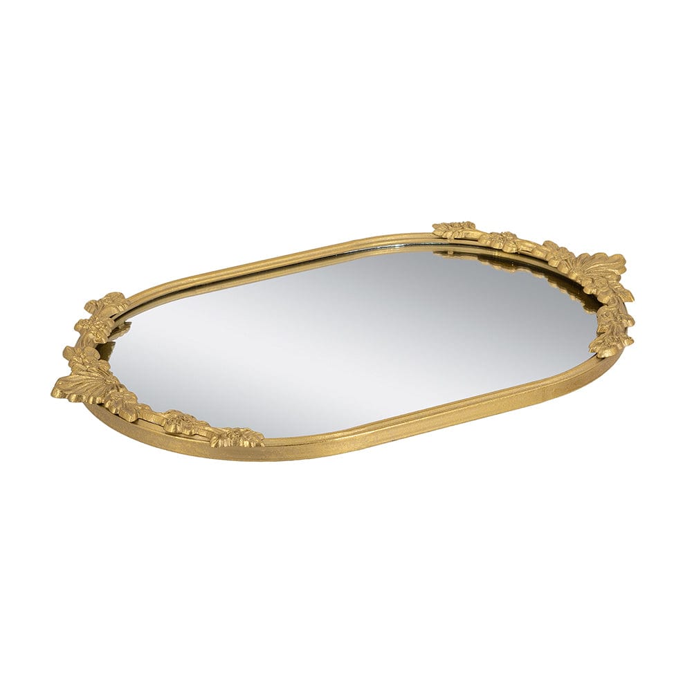22.5x13.5x1" Decorative Mirror Tray with Gold Iron Frame and Intricate Floral Accents