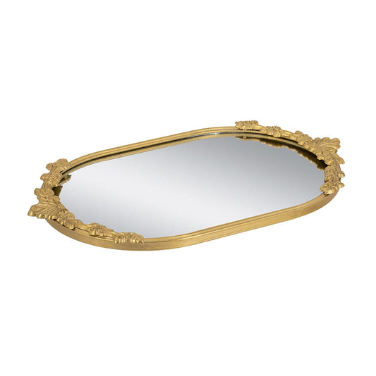 22.5x13.5x1" Decorative Mirror Tray with Gold Iron Frame and Intricate Floral Accents