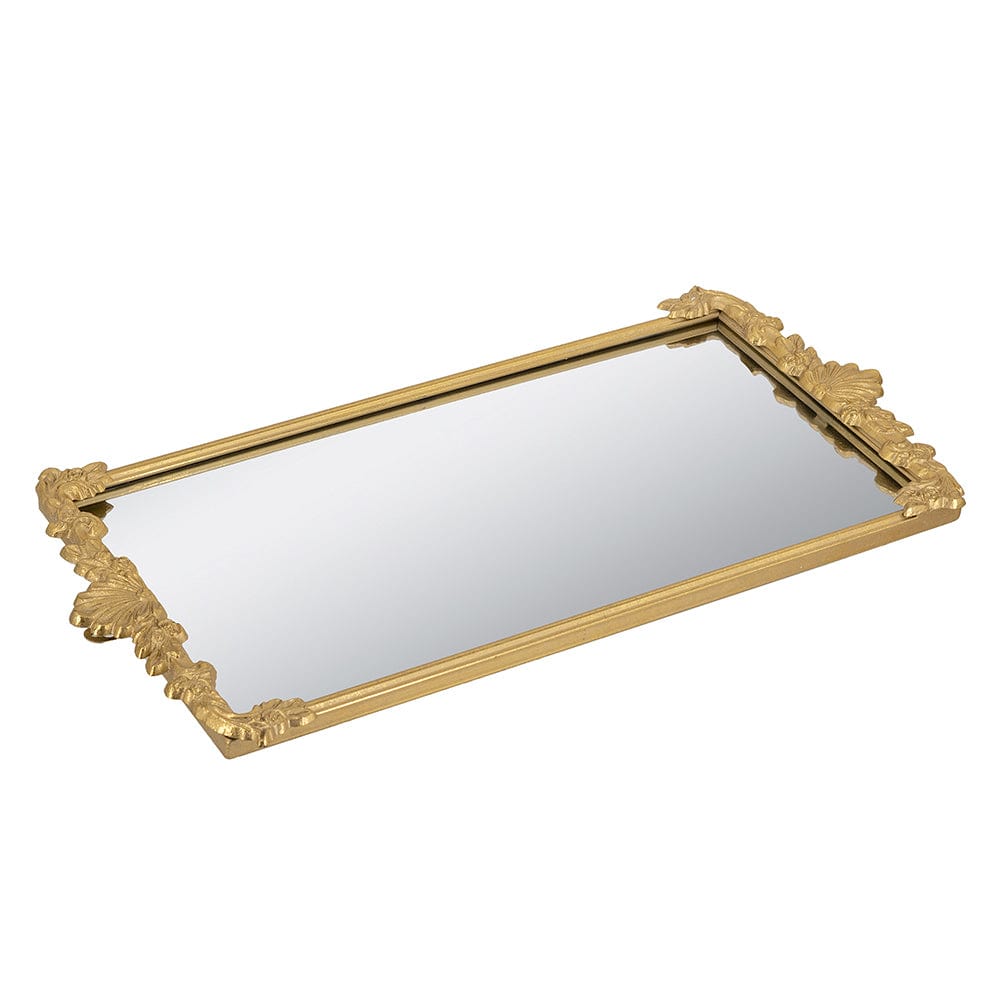 24.5x12.5x1" Rectangular Mirror Tray with Gold Iron Frame and Intricate Floral Accents
