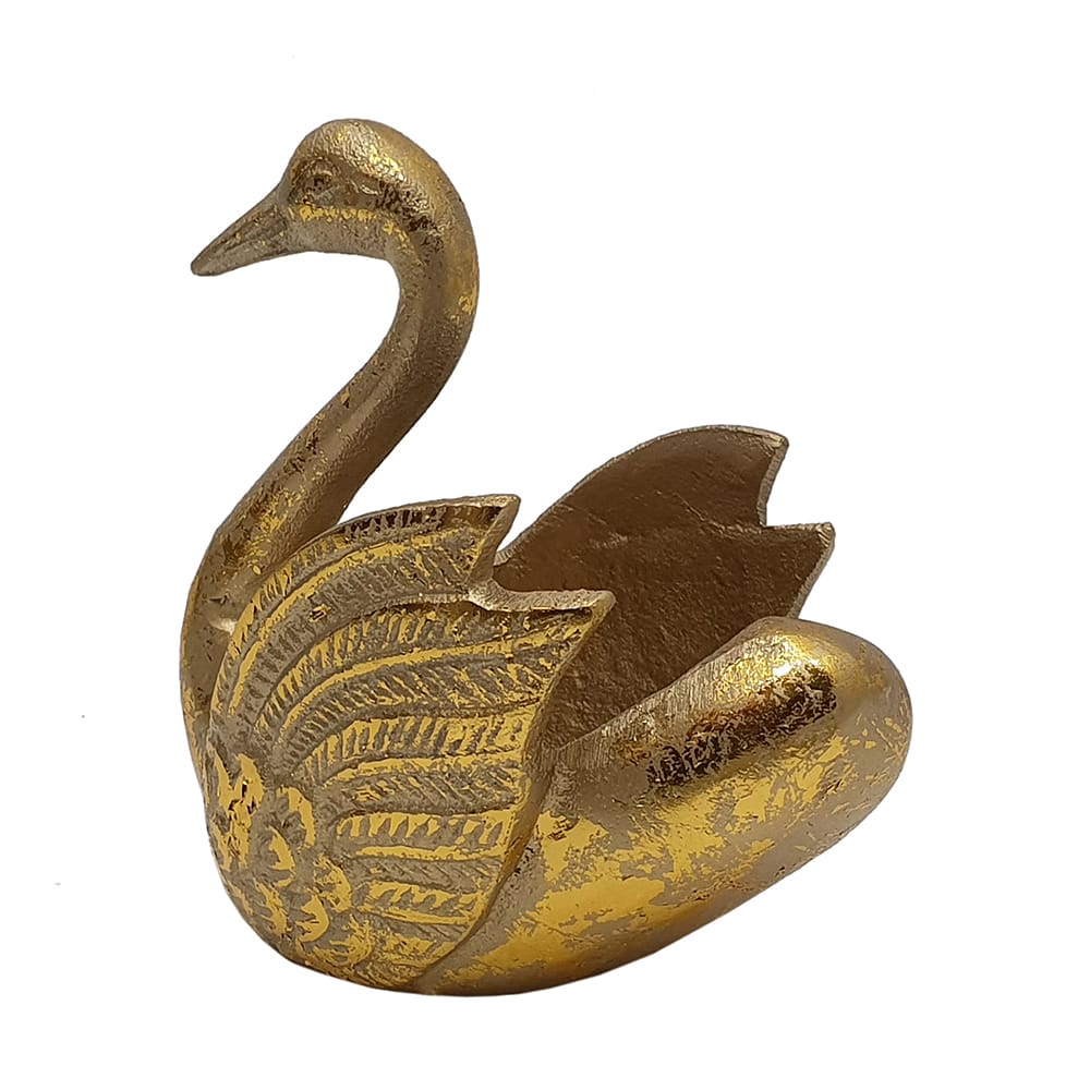 Gold brass swan figurine with engraved feather details and hollow bowl back